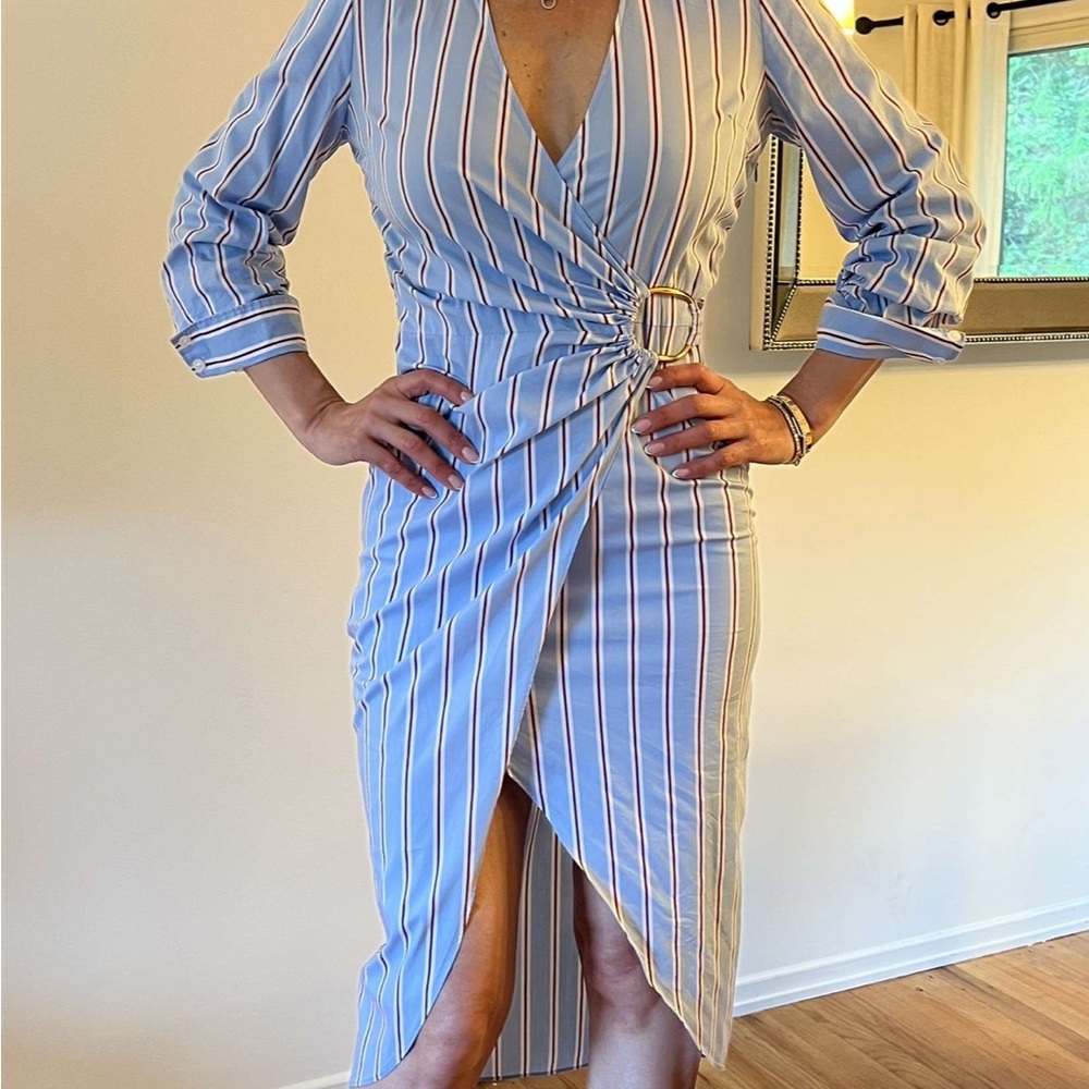 Veronica Beard Blue and White Asymmetrical Wrap Midi Dress